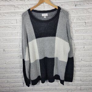 Elle Women's XL Oversized Sweater Black Gray Geometric Crew Fuzzy Knit SWE147E